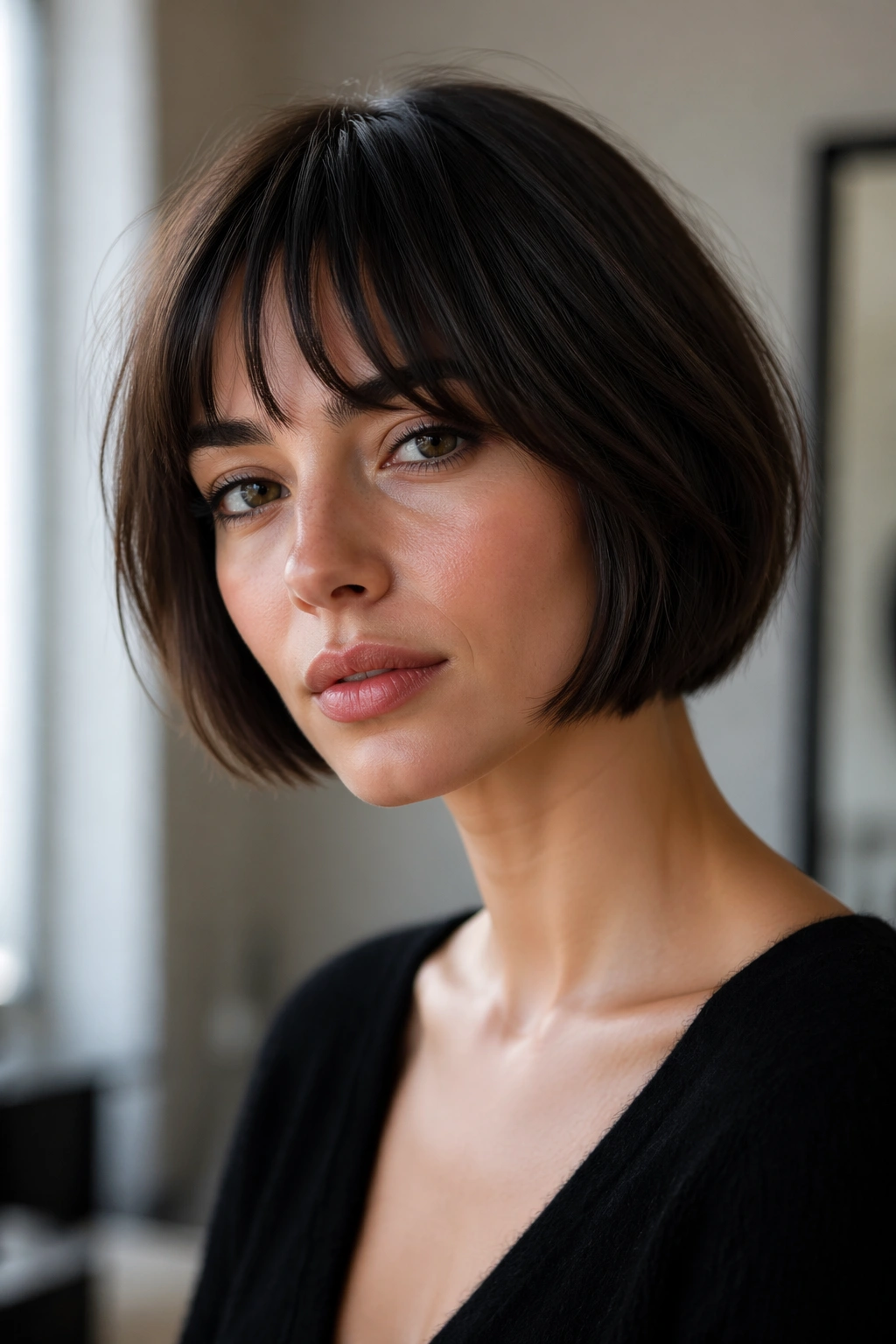 Close-up portrait of a real woman with a jaw-length French bob and soft fringe
