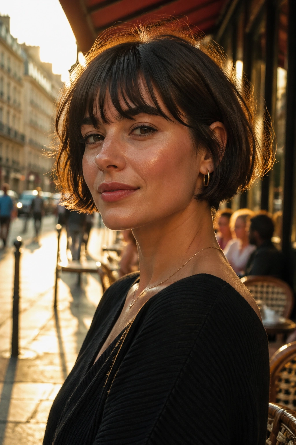Portrait of a woman with a French bob and fringe in warm cafe light