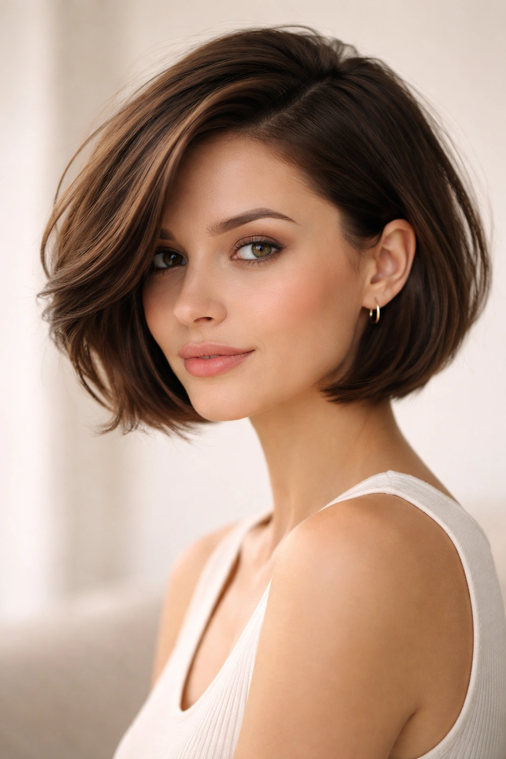 Portrait of a person with a deep side-part French bob showing crown lift.