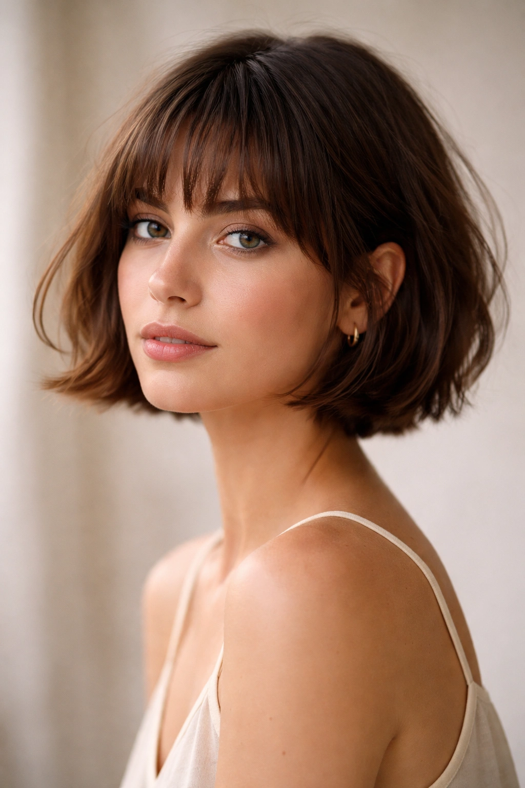 Portrait of a woman with a French bob and soft bangs