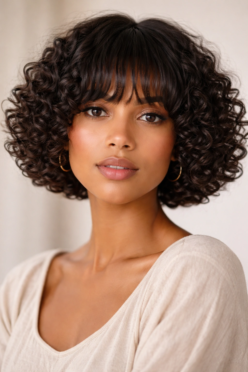 French bob with soft fringe on curly 3C hair