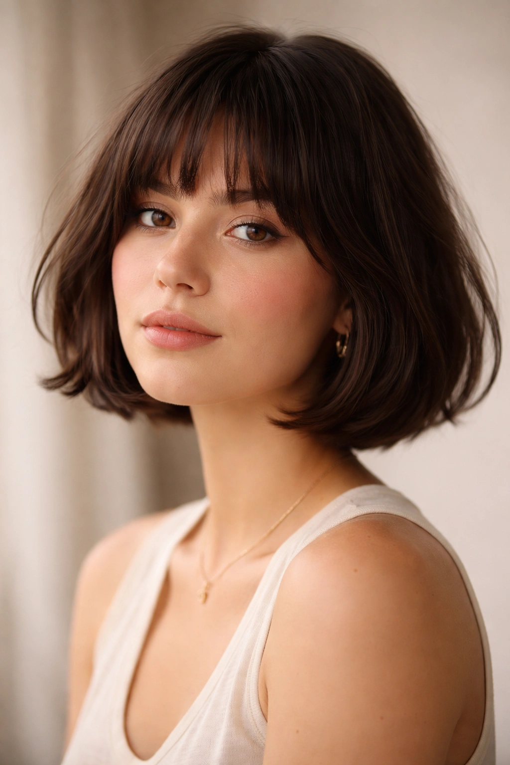 French bob with a soft fringe featuring relaxed texture and natural bend