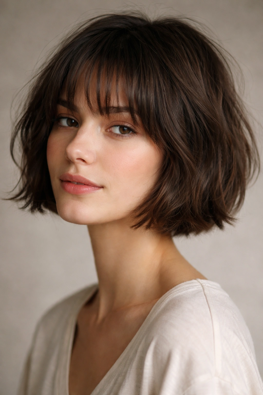 French bob with soft fringe at cheekbone length