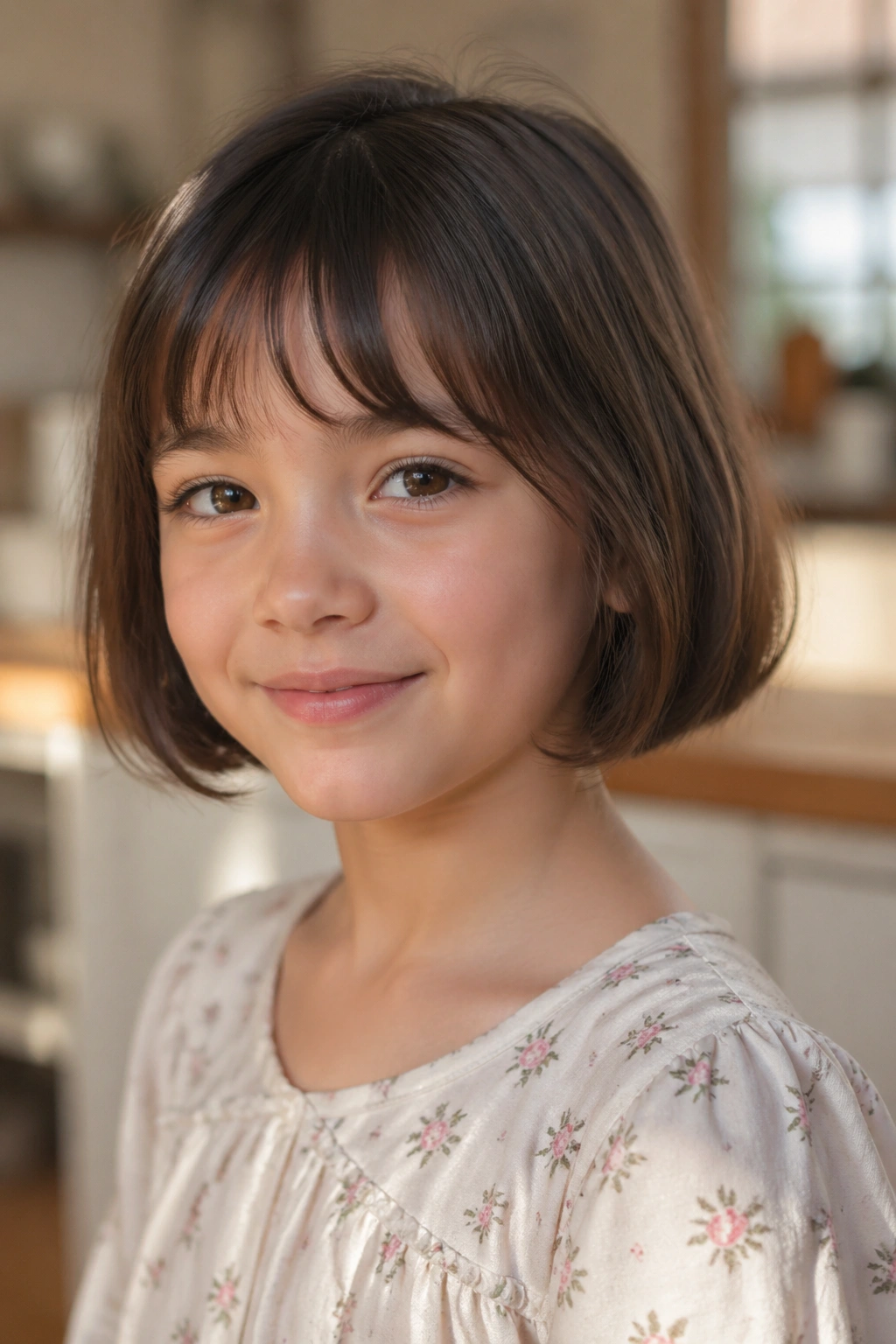 Close-up portrait of a child with a French bob and soft fringe
