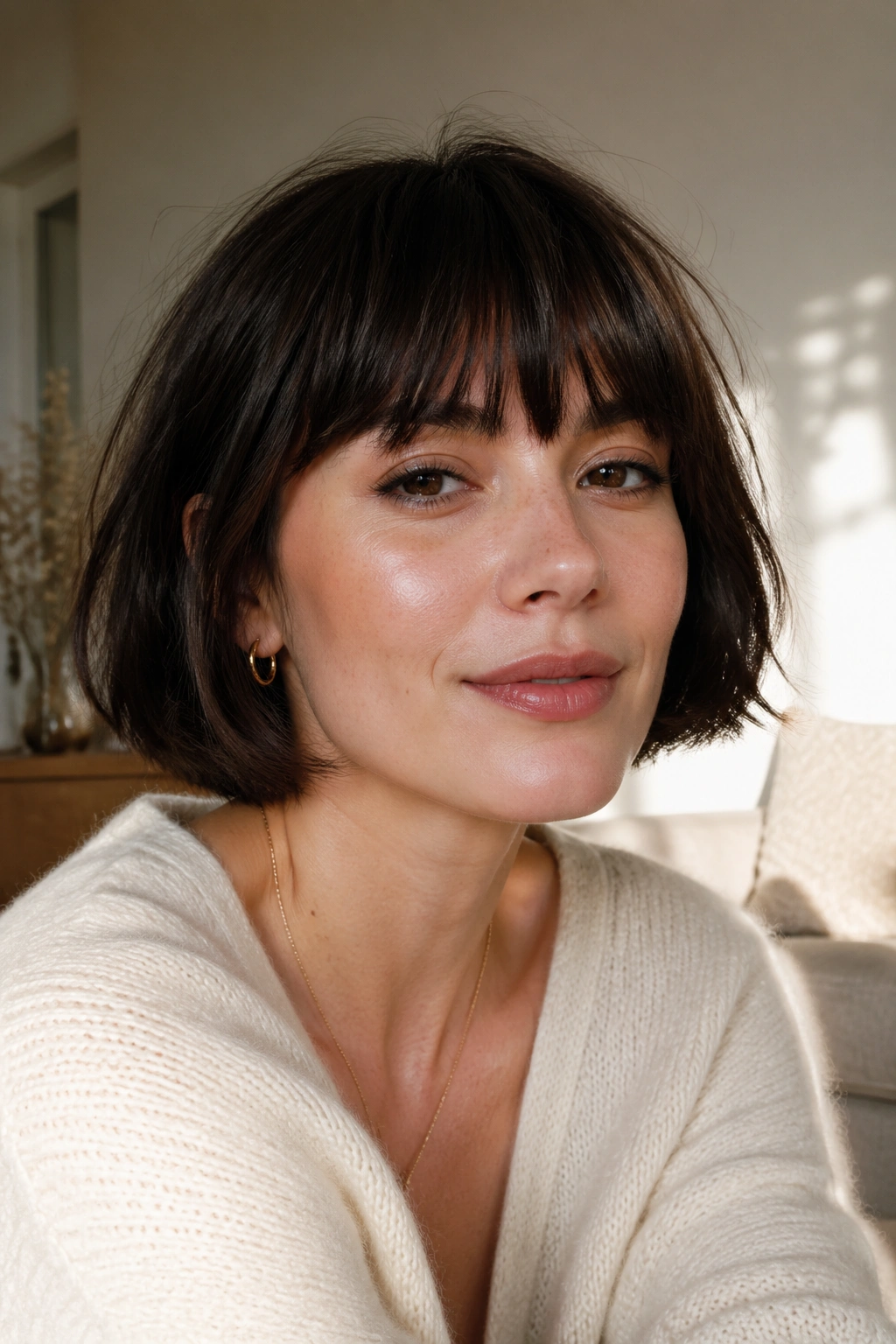 Close-up portrait of a real woman with a French bob and a soft fringe in sunlit room