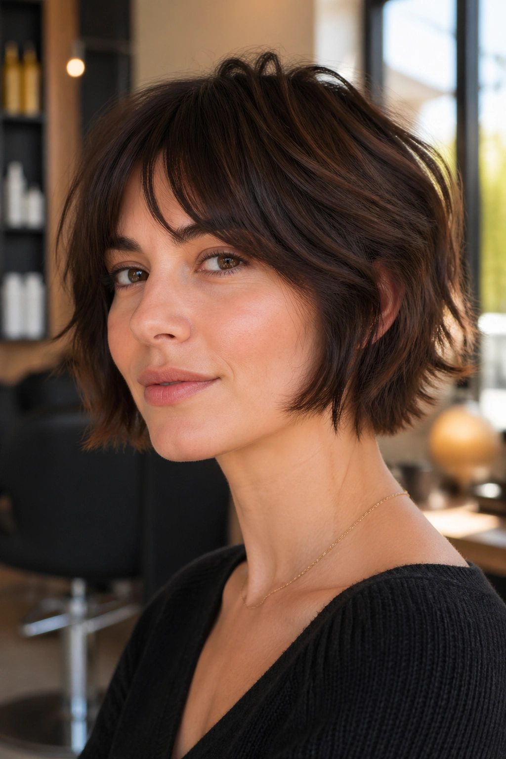 Close-up of a real woman with The Classic French Bob Wolf Cut with Soft Crown Layers in a warm salon window light