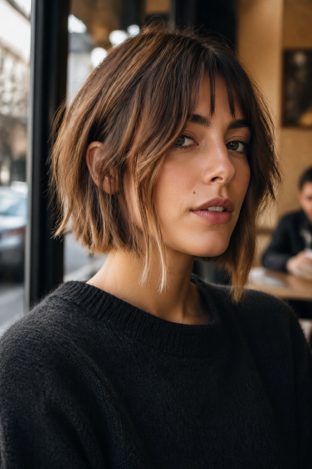 Close-up of a real woman with long face-framing pieces in a French Bob Wolf Cut in daylight