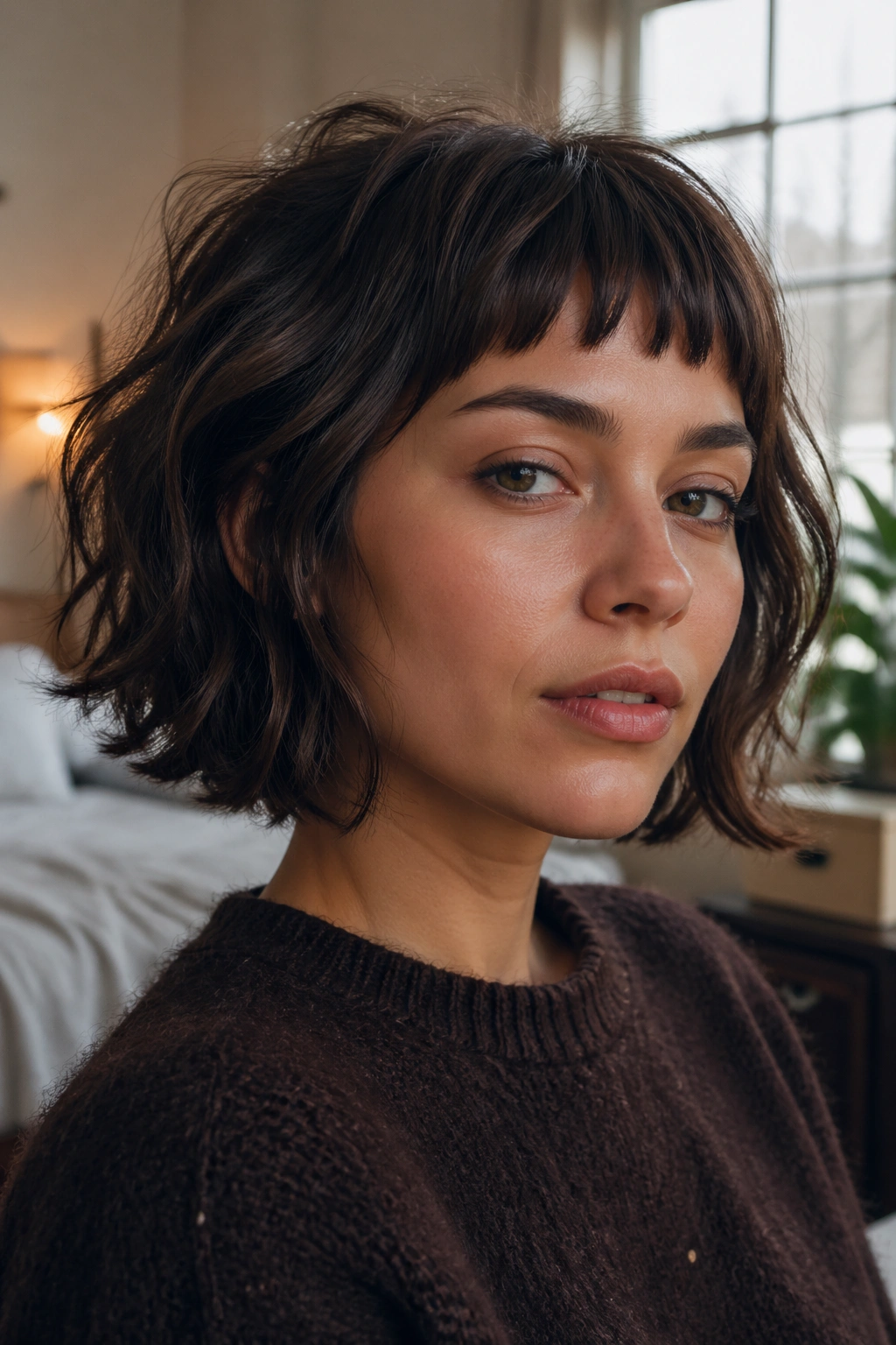 Close-up of a real woman with micro bangs and a French bob wolf cut in soft window light