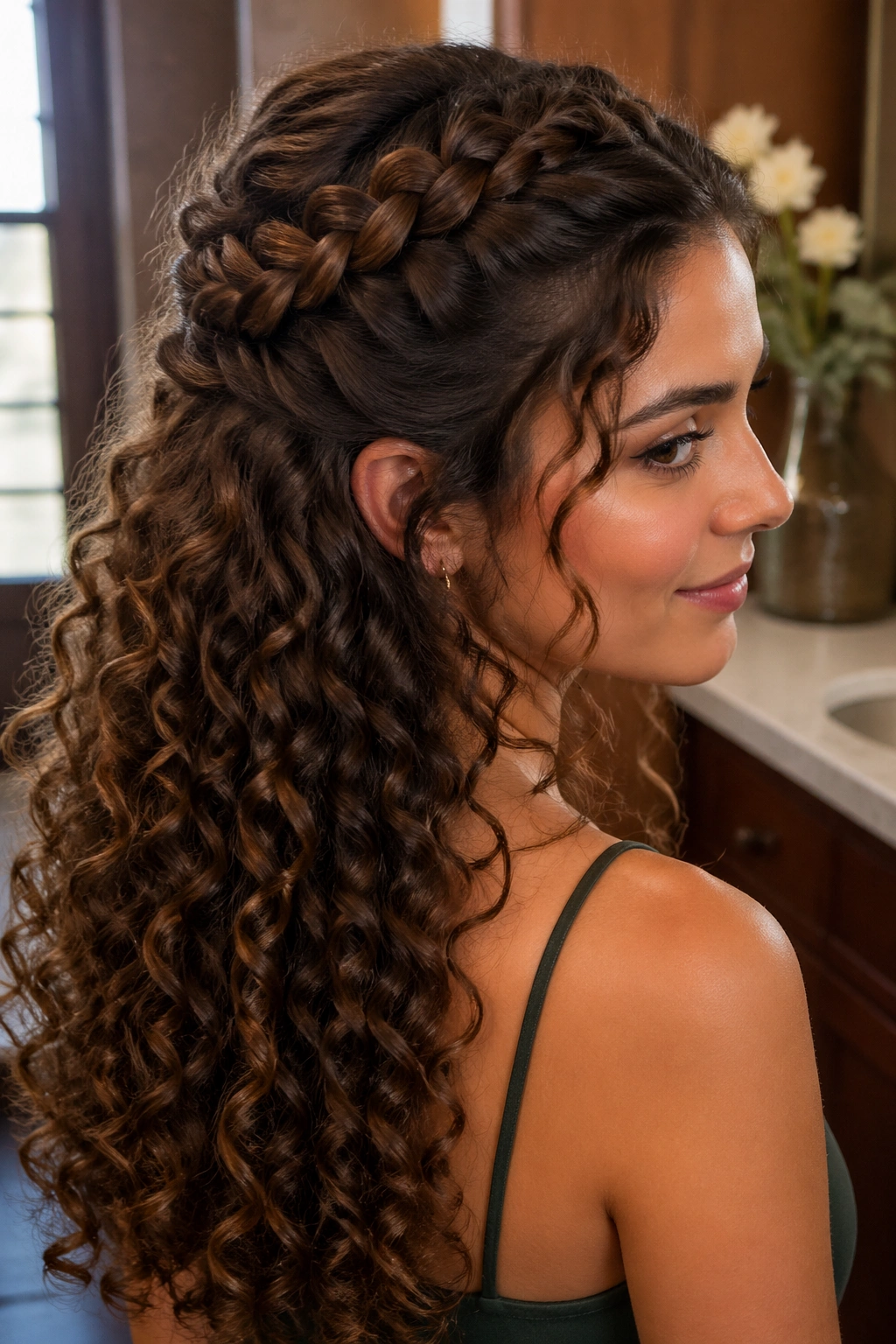 Close-up portrait of a real woman with a crown French braid and curly cascade