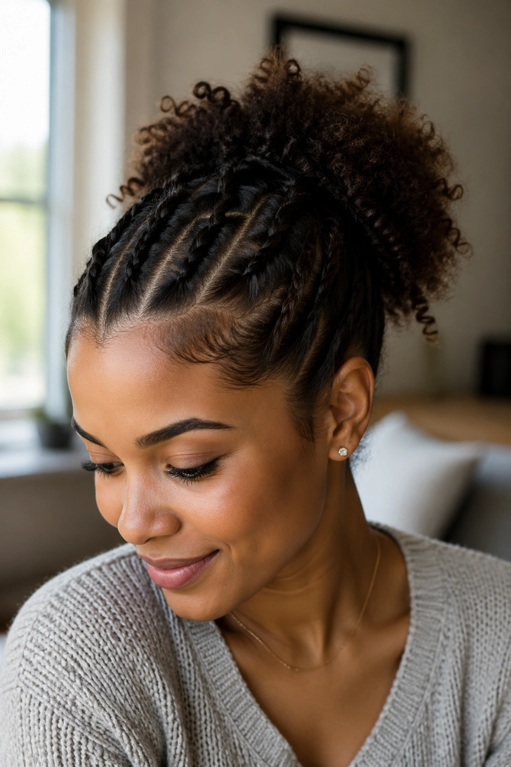 Close-up of a real woman with a French braid into a puff hairstyle