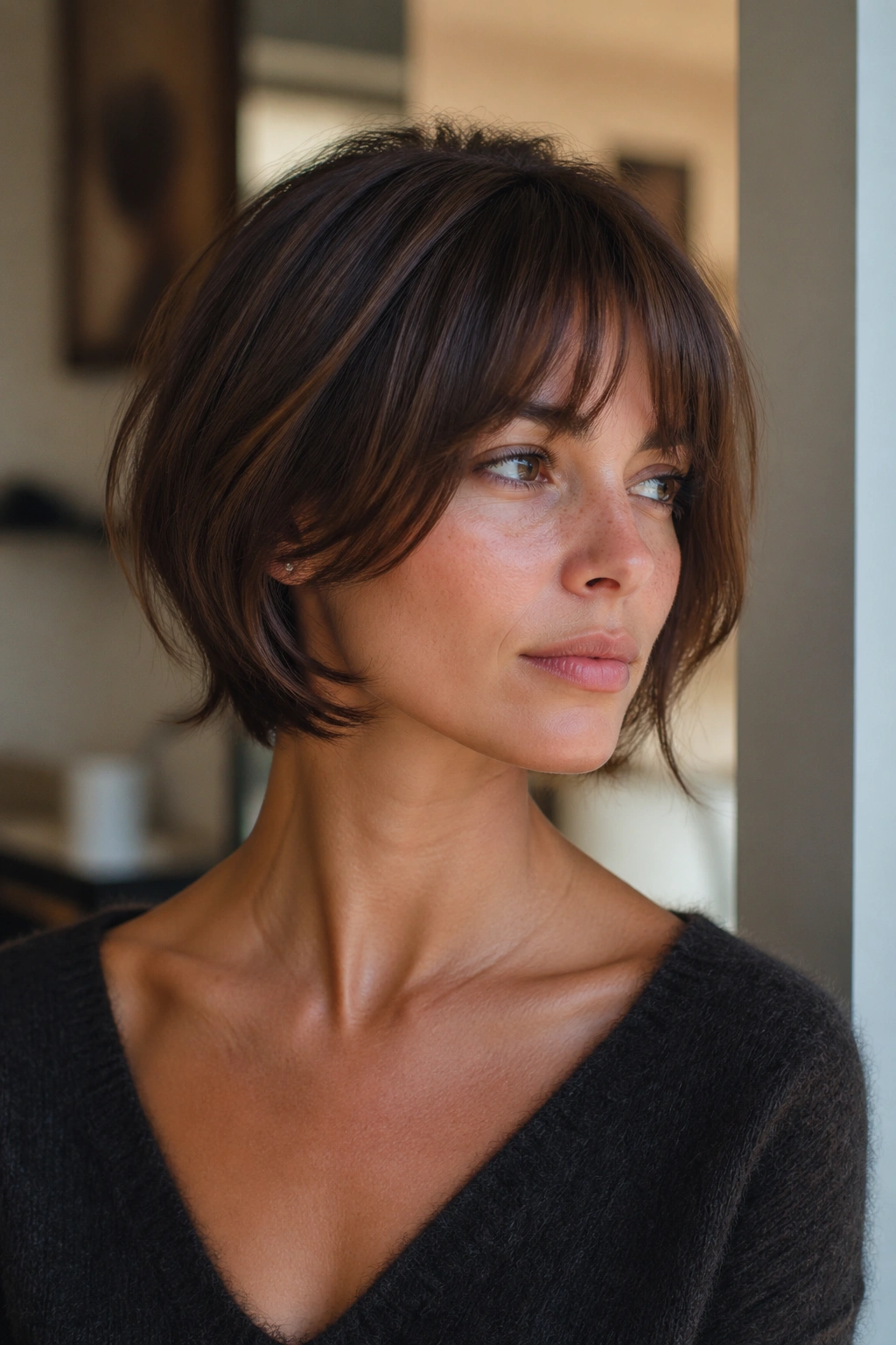 Portrait of a real woman with a cheekbone-grazing fringe feathered bob