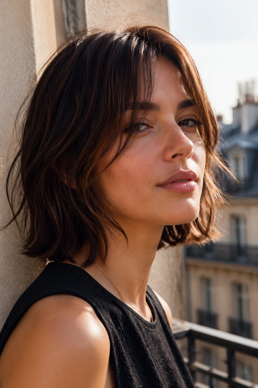 Portrait of a woman with cheekbone-layered French-girl bob