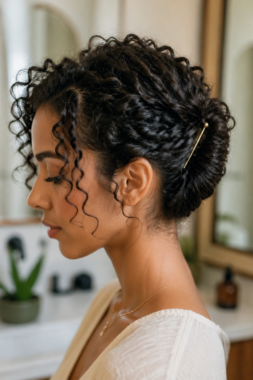 Side-profile of a real woman with a thick curly bob showing a French pin twist