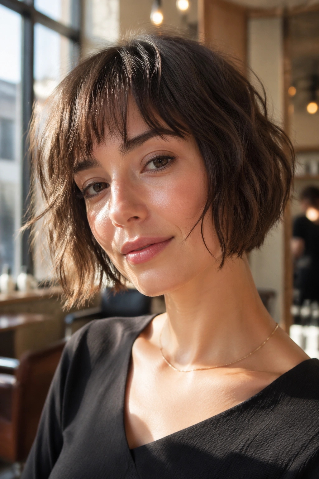 Close-up of a real woman with a cheek-skimming French tousled bob featuring piecey ends, soft window light.