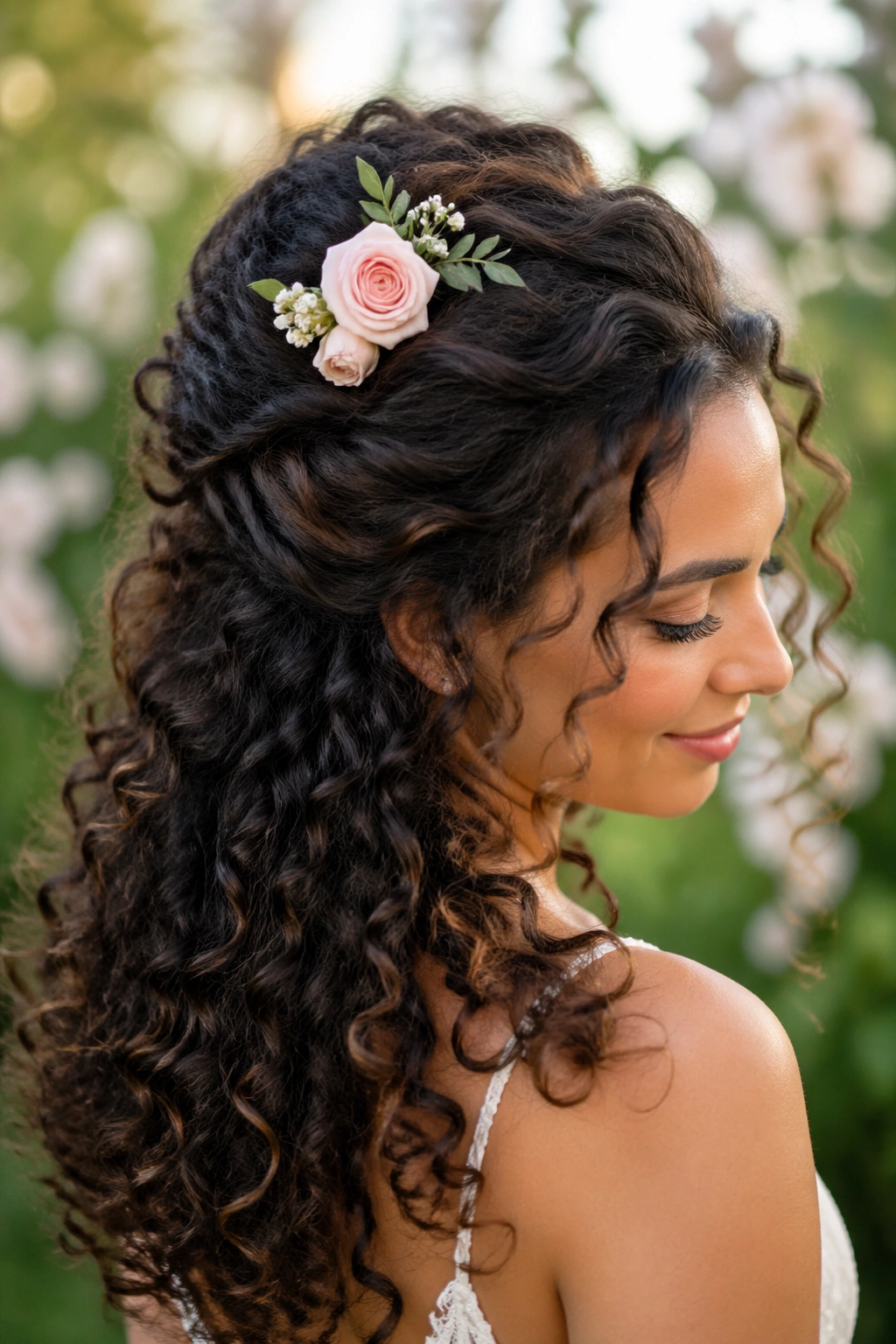 Close-up of a bride with curly hair half-up and fresh flowers tucked at the crown