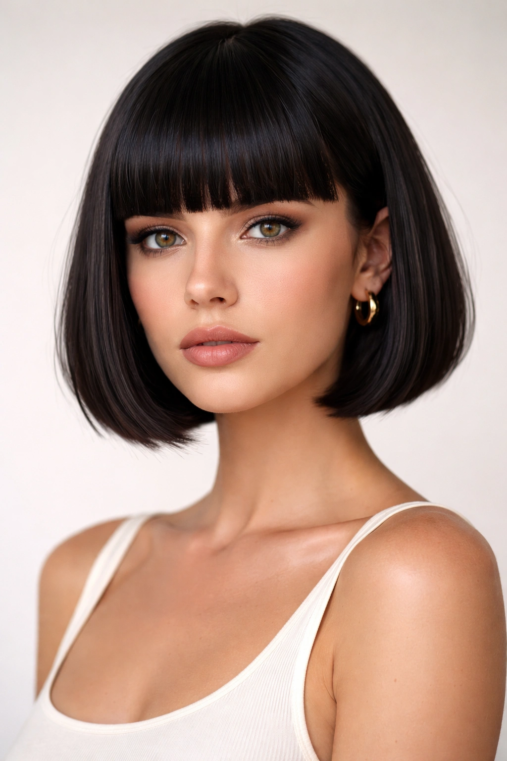 Front view of French carved bob with strong fringe and crisp silhouette.