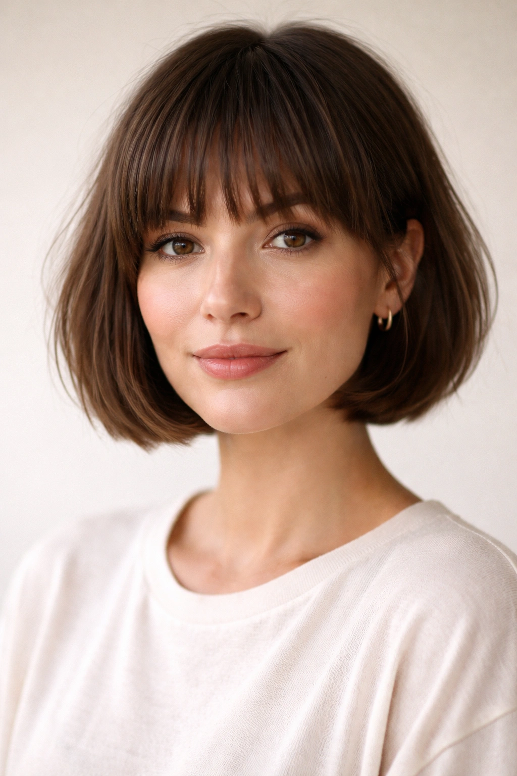 French bob with eyebrow-grazing fringe framing the face