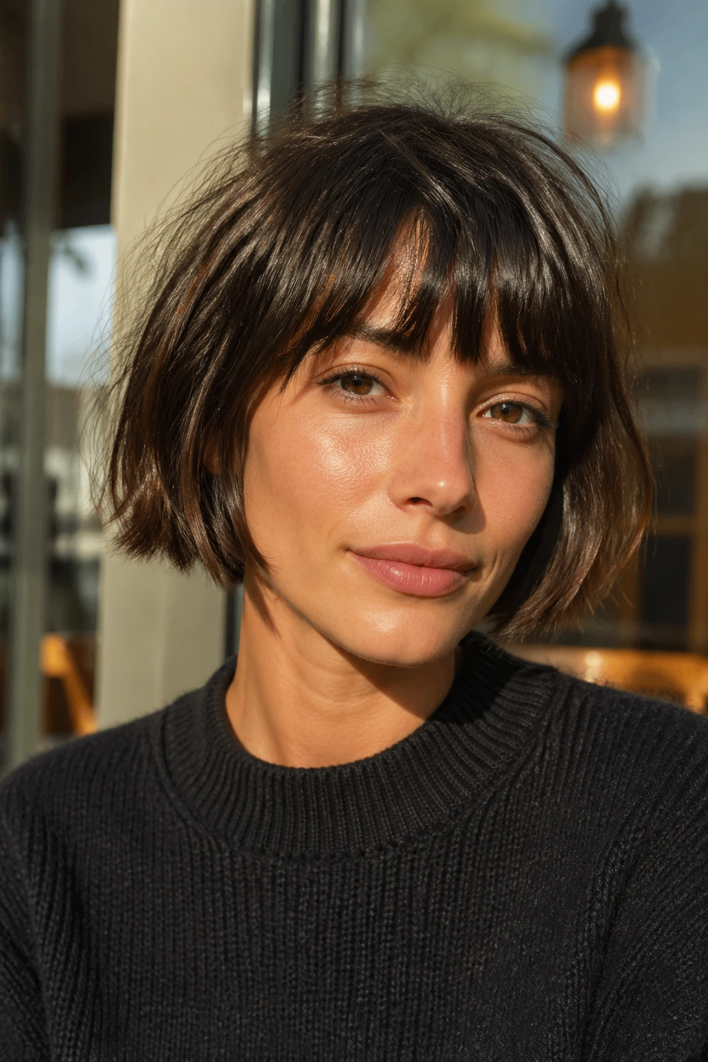 Close-up portrait of a real woman with a French bob and fringe in natural morning light