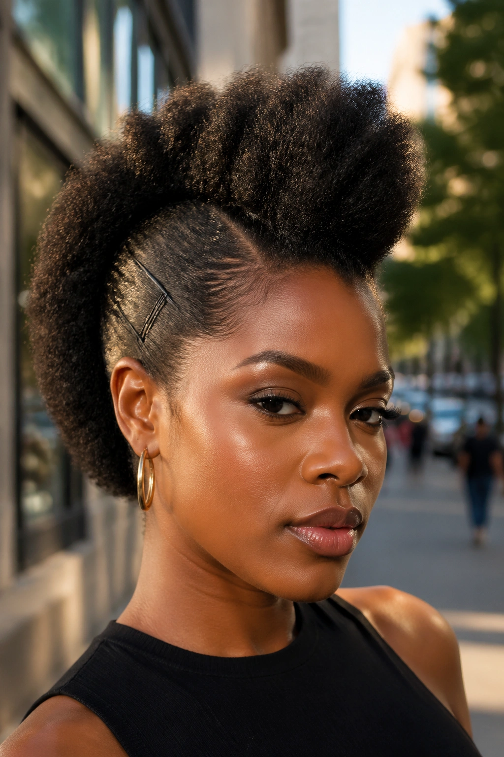 Close-up of a real woman with a frohawk hairstyle outdoors at golden hour