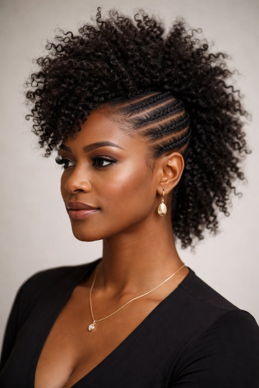 Close-up of a Black woman's frohawk with side cornrows and a textured center ridge