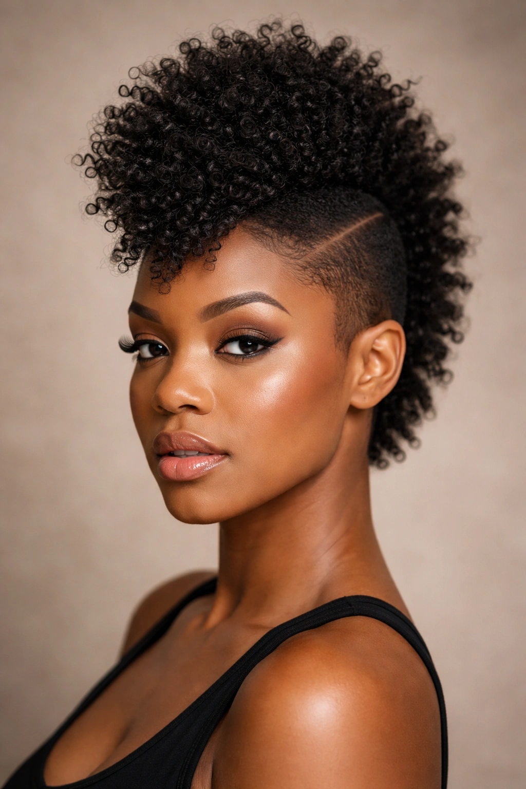 Frohawk with a central curl strip and tapered sides
