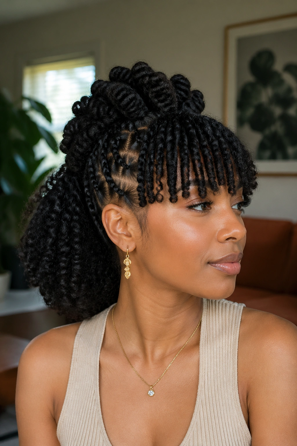 Close-up of a real woman with soft frohawk half up and rounded bangs