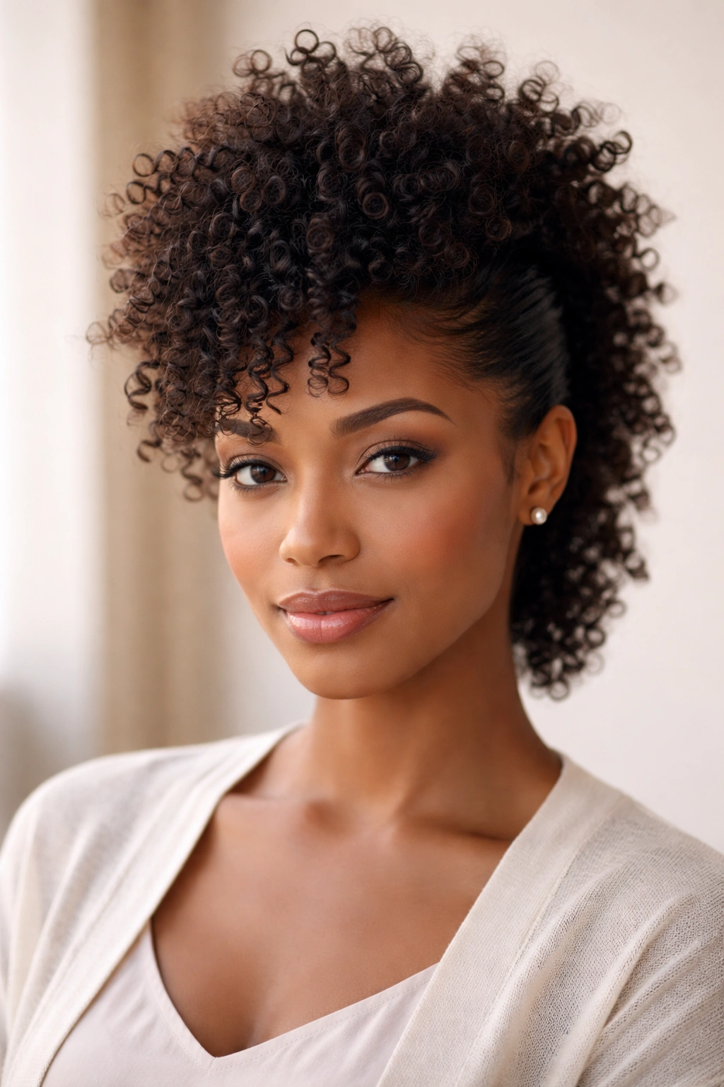 Portrait of a soft curly frohawk with pinned sides