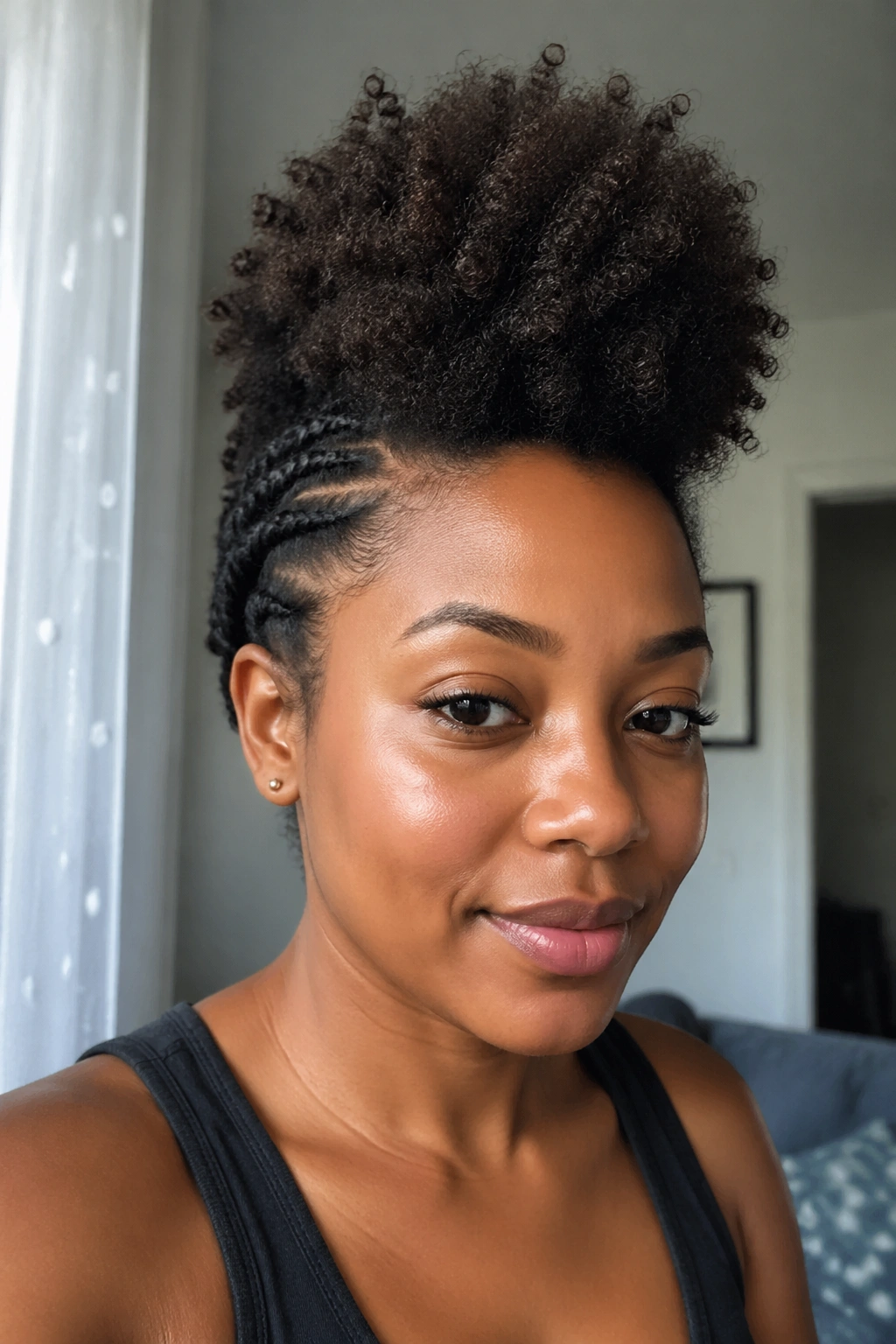 Close-up of a person with a centered frohawk and pinned sides in natural light