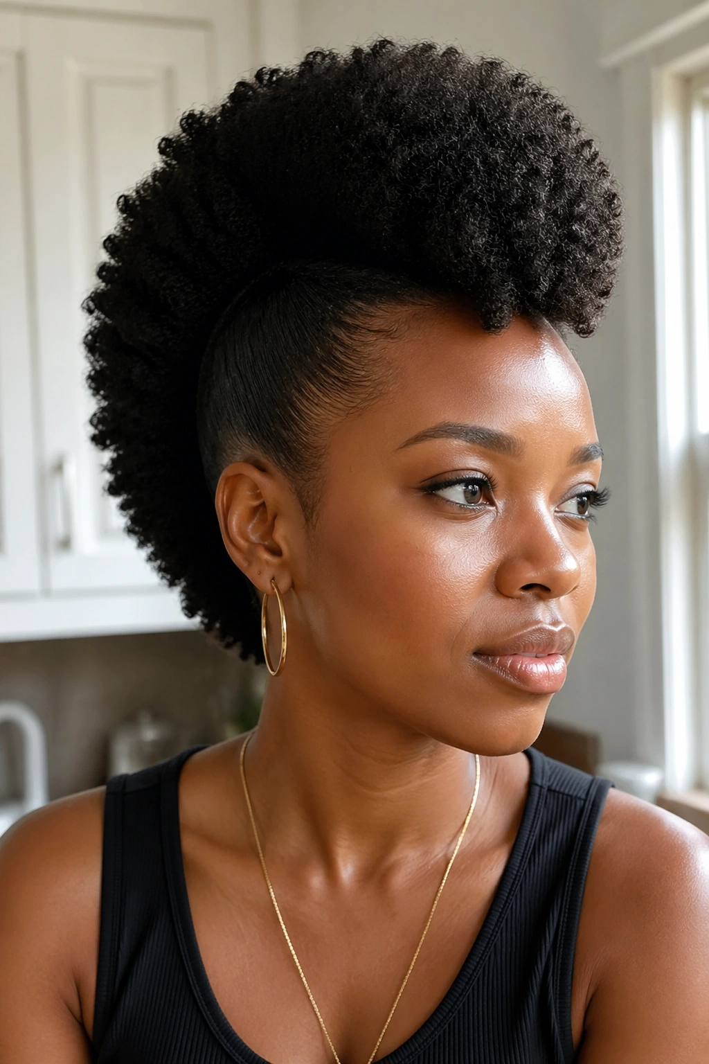 Close-up portrait of a woman with a Classic Frohawk With Rounded Volume featuring a rounded textured center and smooth sides