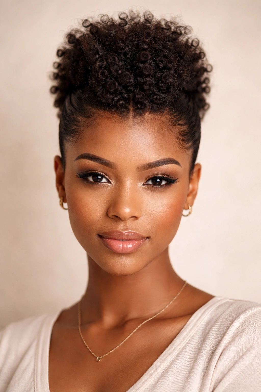 Soft frohawk with center height and sleek sides in a short afro