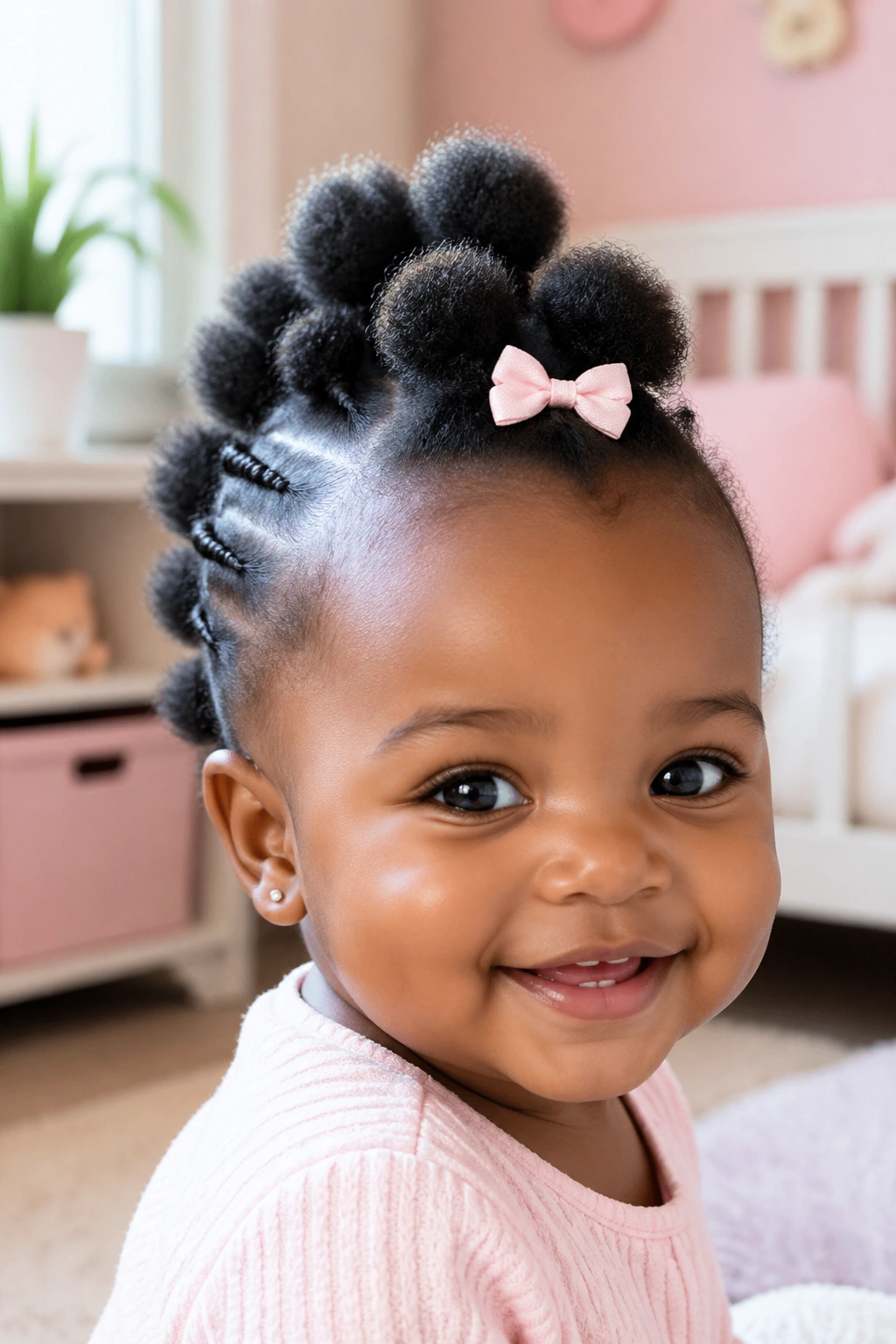 Close-up of a real baby girl wearing a frohawk with soft puff sections along the crown
