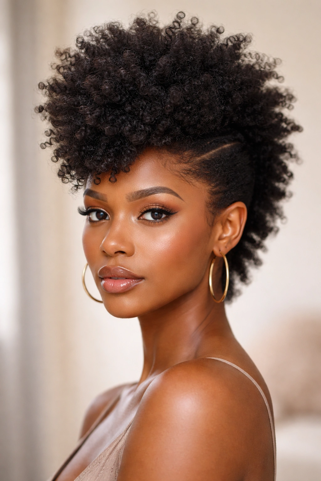 Portrait of 4C frohawk with tapered sides, high center and soft silhouette.
