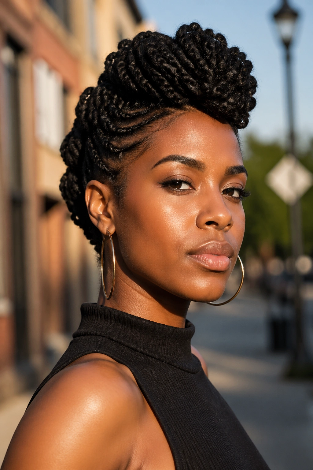 Portrait of a person with a twisted frohawk and confident look.