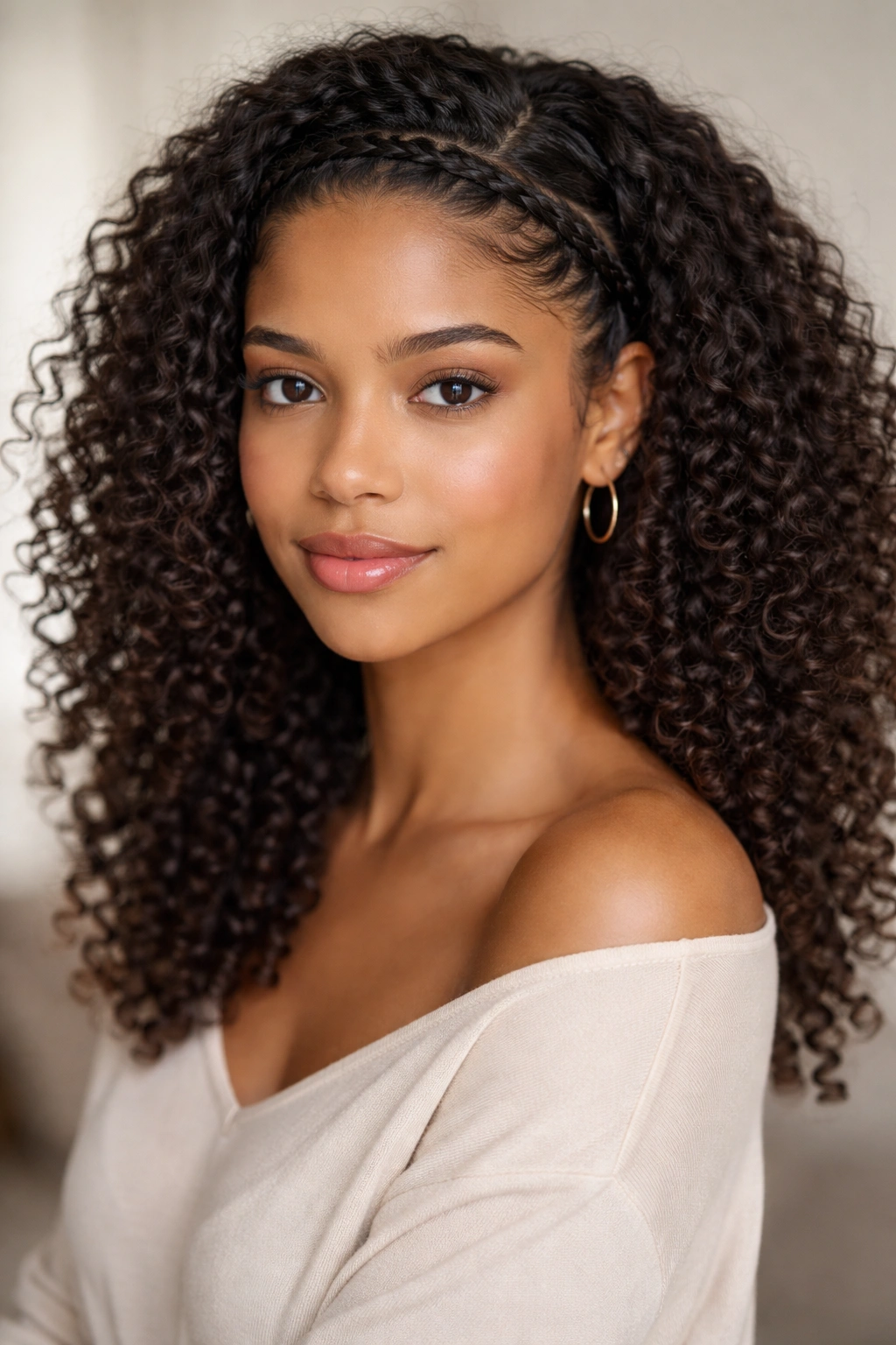 Front braid across the hairline blending into free curly length at the back.