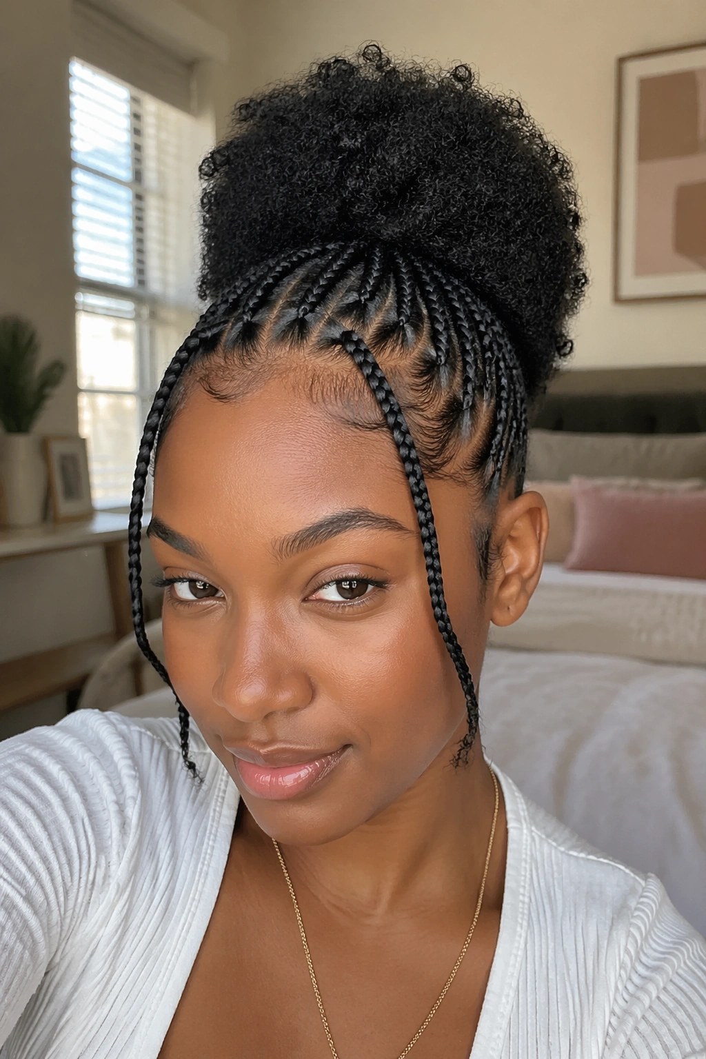 Close-up of a real person with front braids leading into a puff