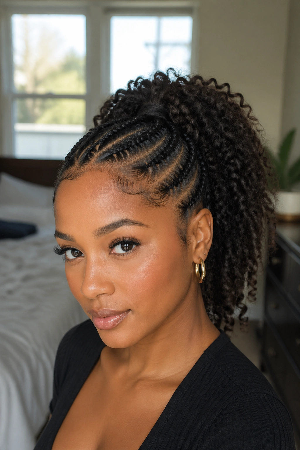 Close-up of a real woman with front cornrows feeding into a curly ponytail.