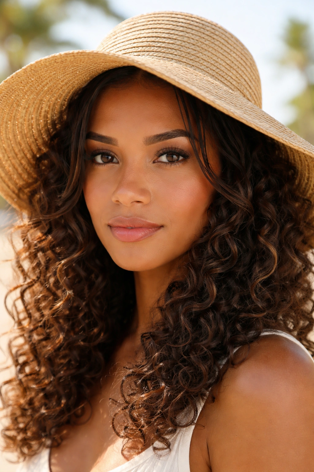Front curls smoothed under a sun hat with rest of hair loose