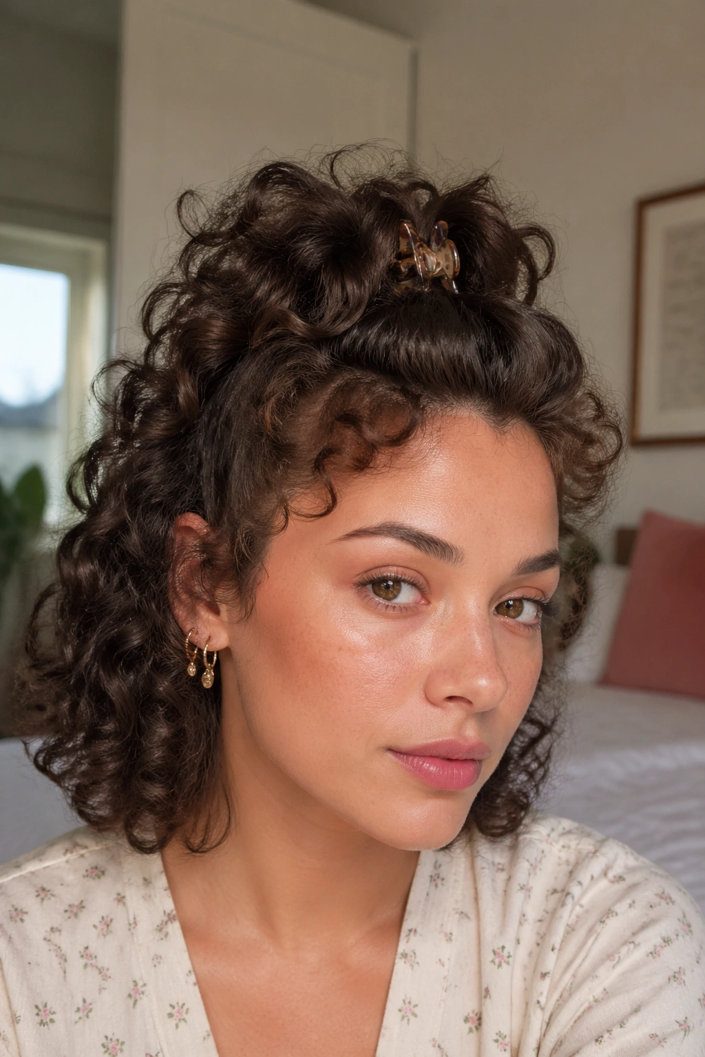 Close-up of a real woman showing curly bangs rolled back and clipped near the crown