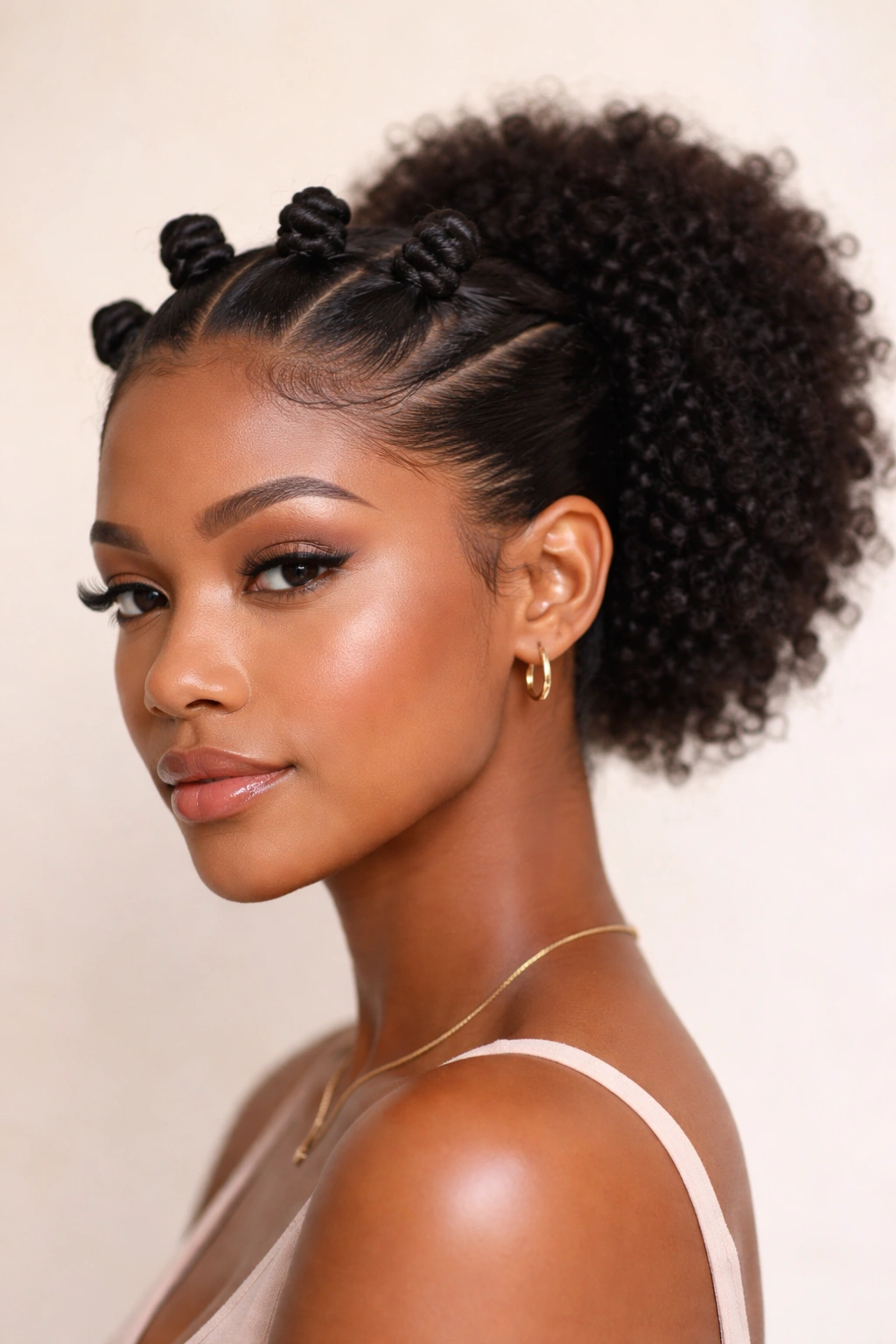Front-row bantu knots with back puff on grown-out bob