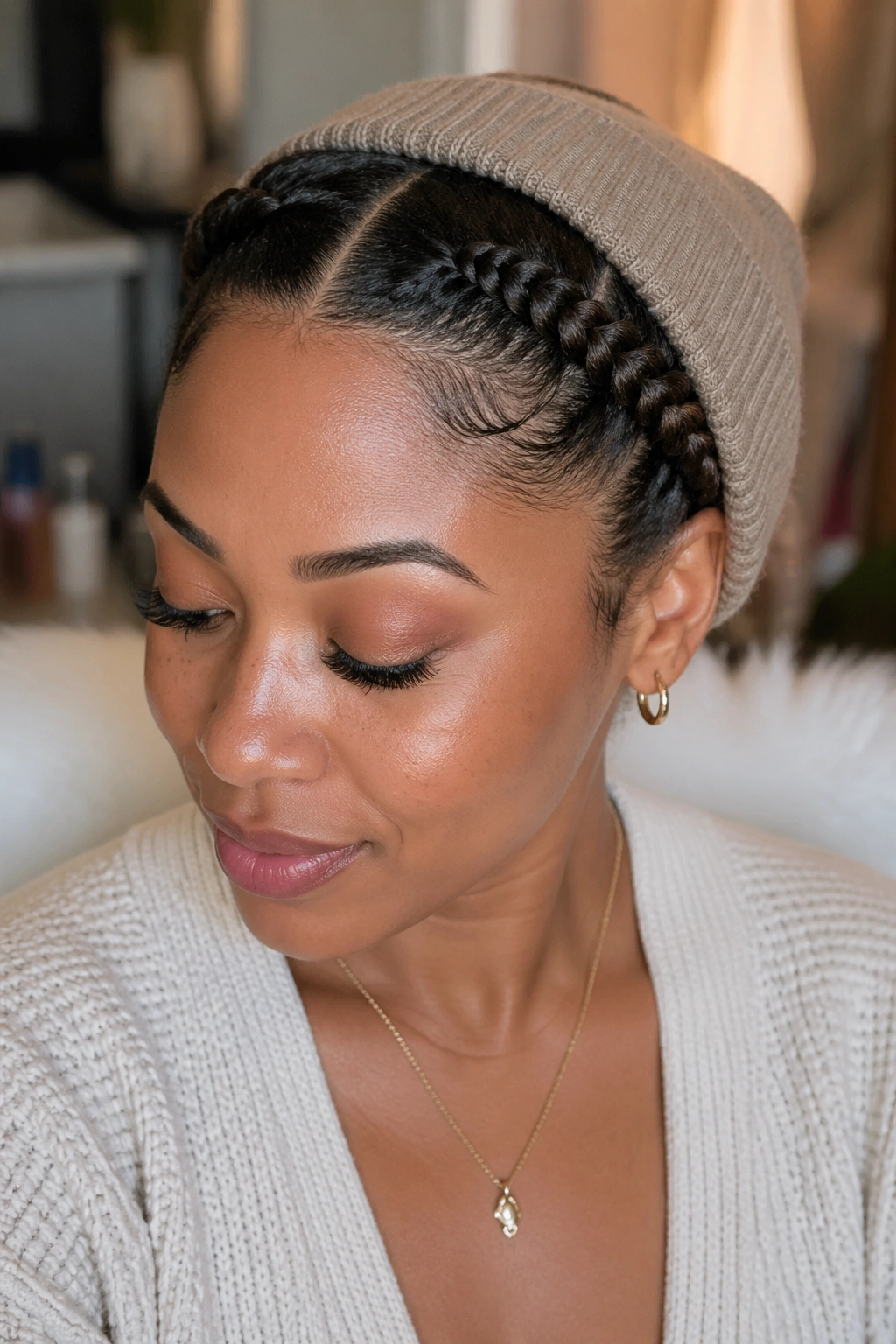 Real woman with front flat twists and back tucked under a beanie.