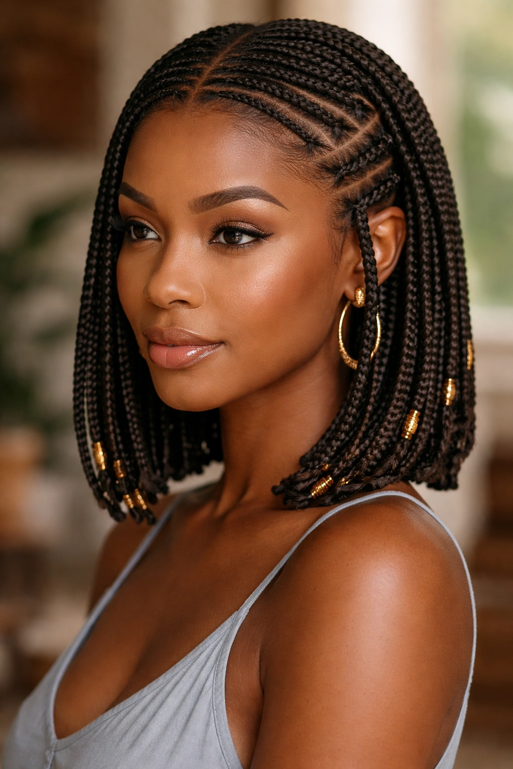 Fulani bob braids with center cornrows and side accents