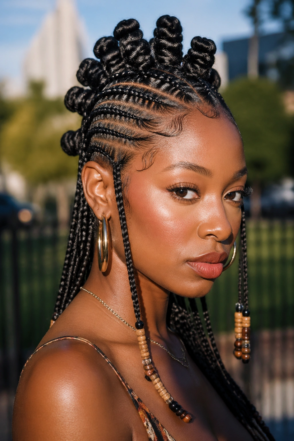 Close-up portrait of a real person with Mohawk Fulani braids featuring raised Bantu knots