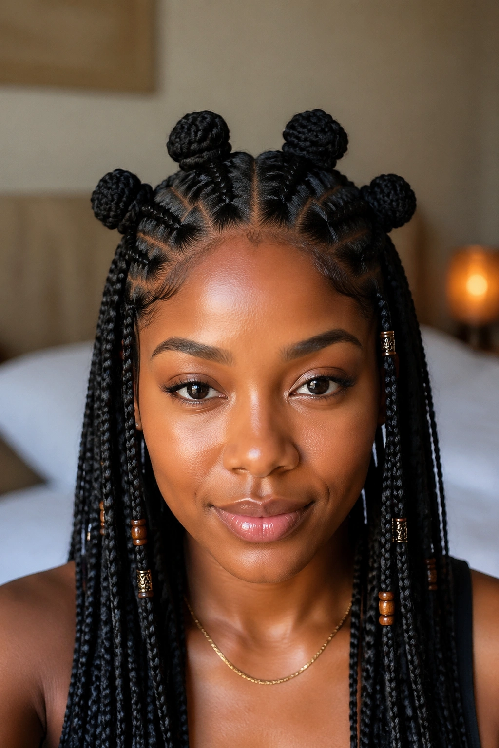 Close-up of a real woman with a center-part Fulani braid hairstyle and four Bantu knots across the crown
