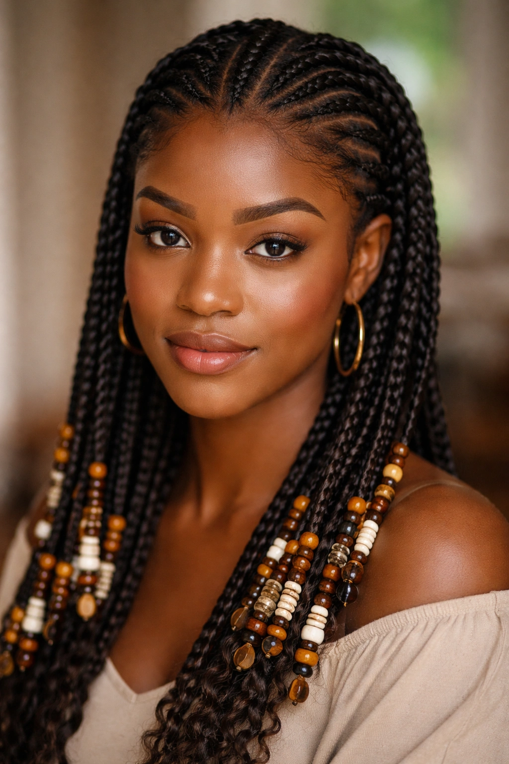 Fulani braids with beads and a center braid