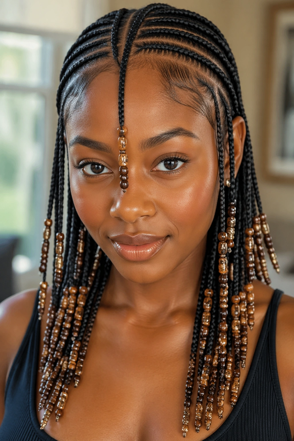 Close-up portrait of a real woman with Fulani braids and beads arranged along the center and sides