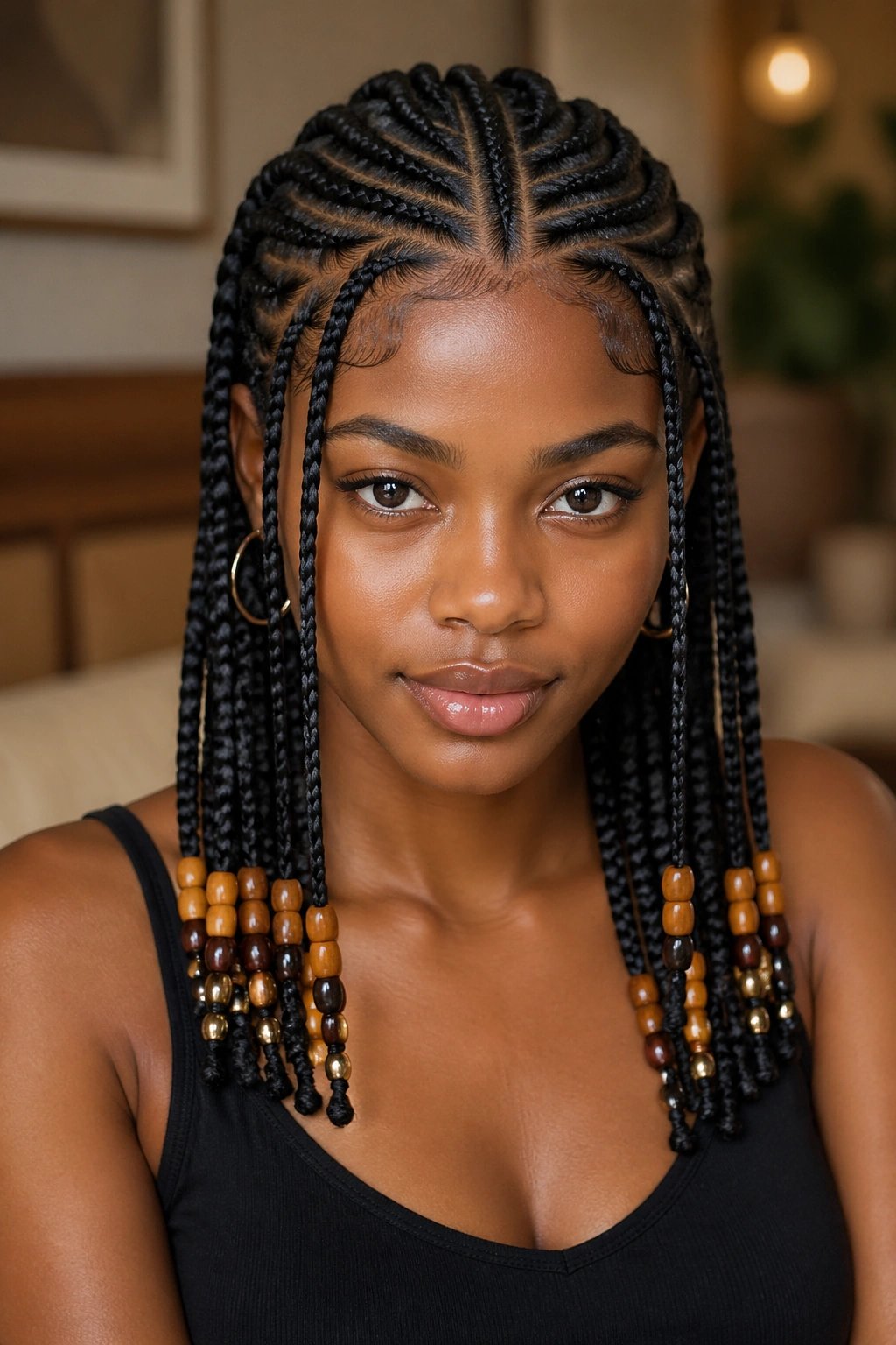 Close-up of a real woman wearing Fulani braids with beads