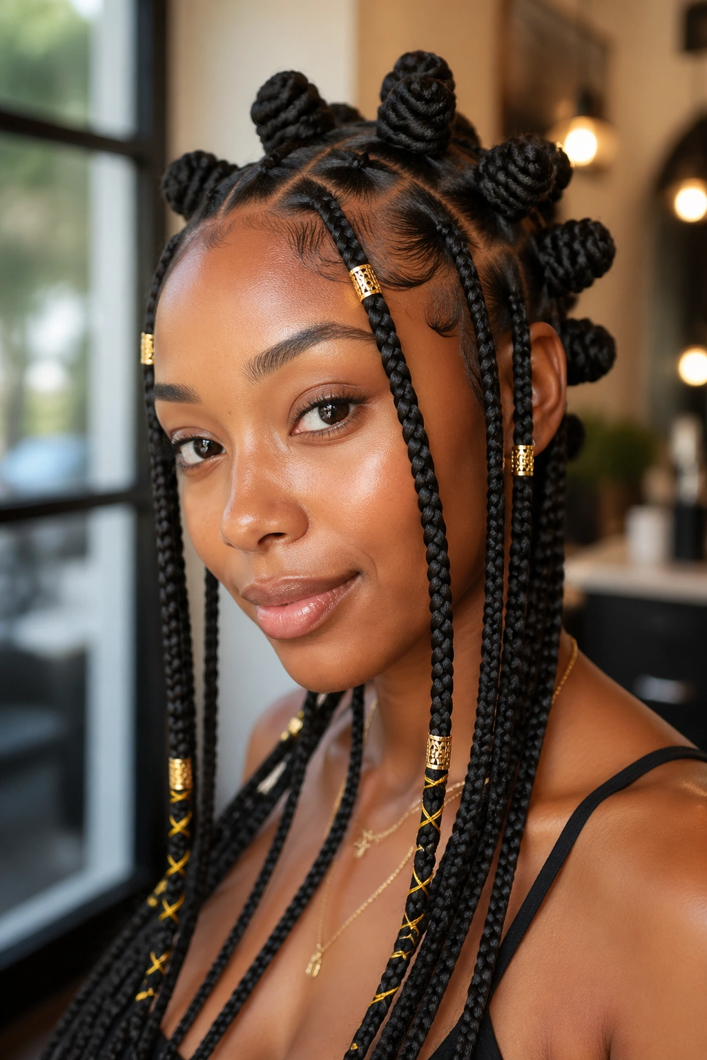 Close-up of a real woman with Fulani braids featuring gold cuffs and thread wraps
