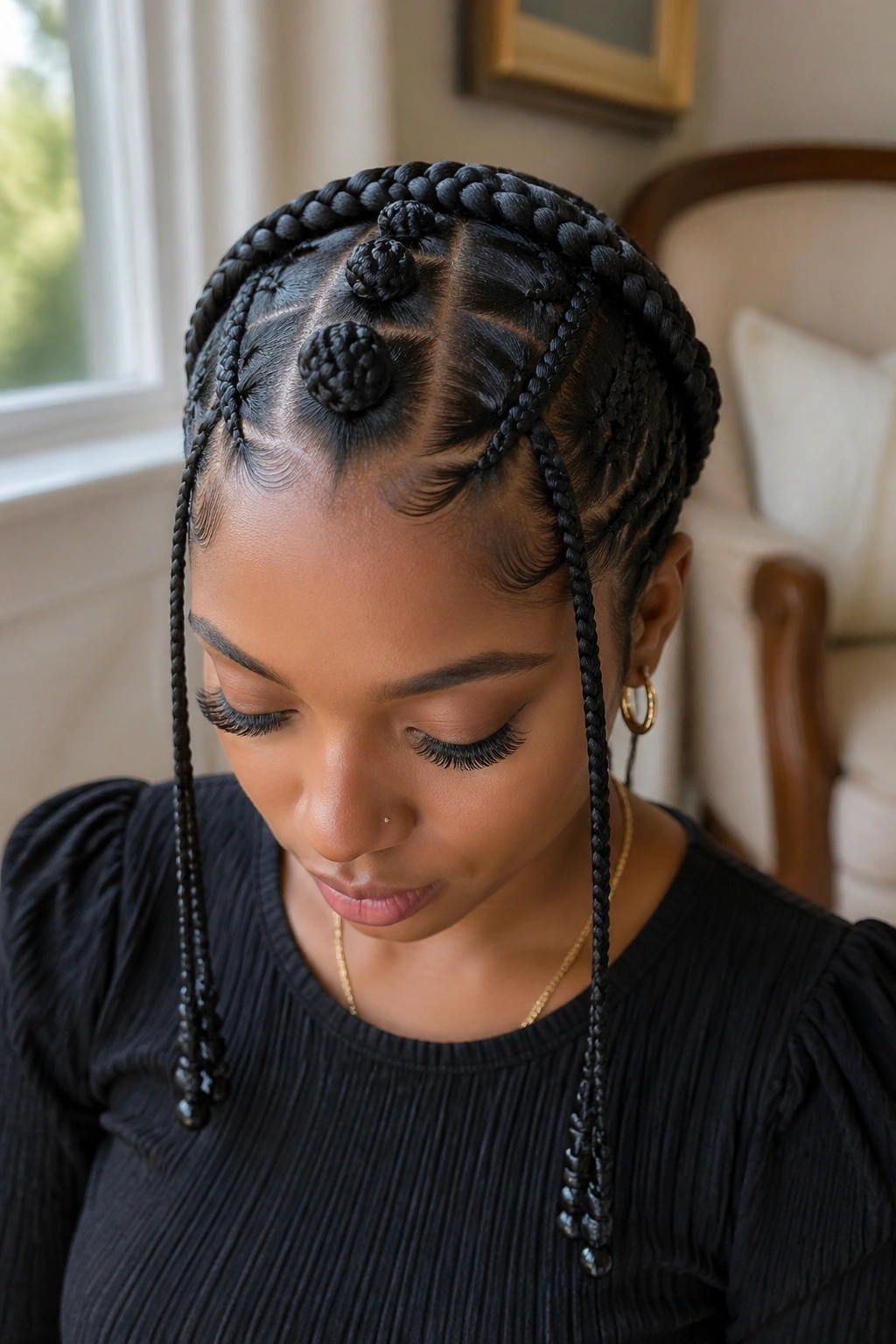 Close-up of a real woman with a braided halo and center knots in Fulani braids