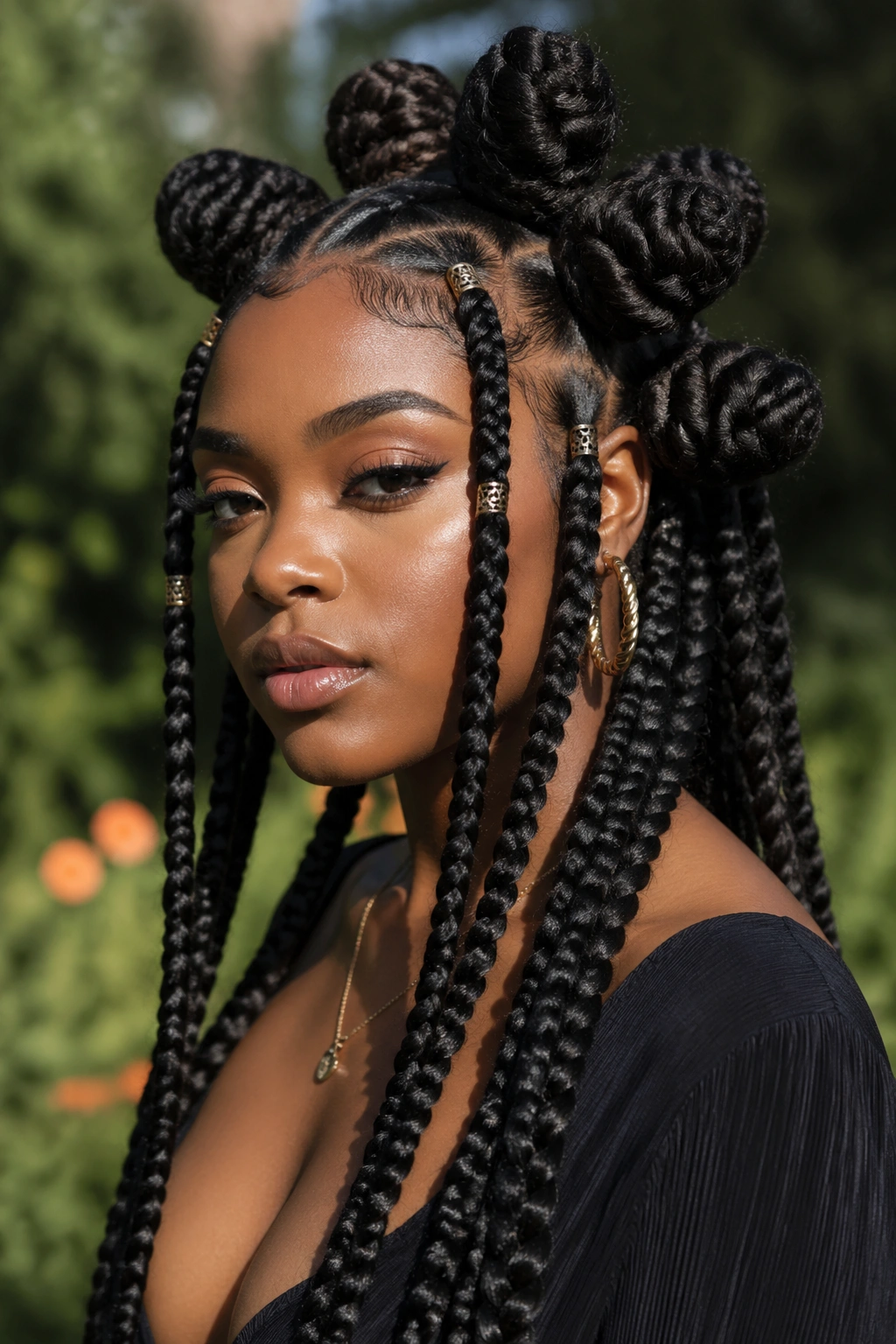Close-up of a real woman with jumbo Fulani braids and oversized Bantu knots