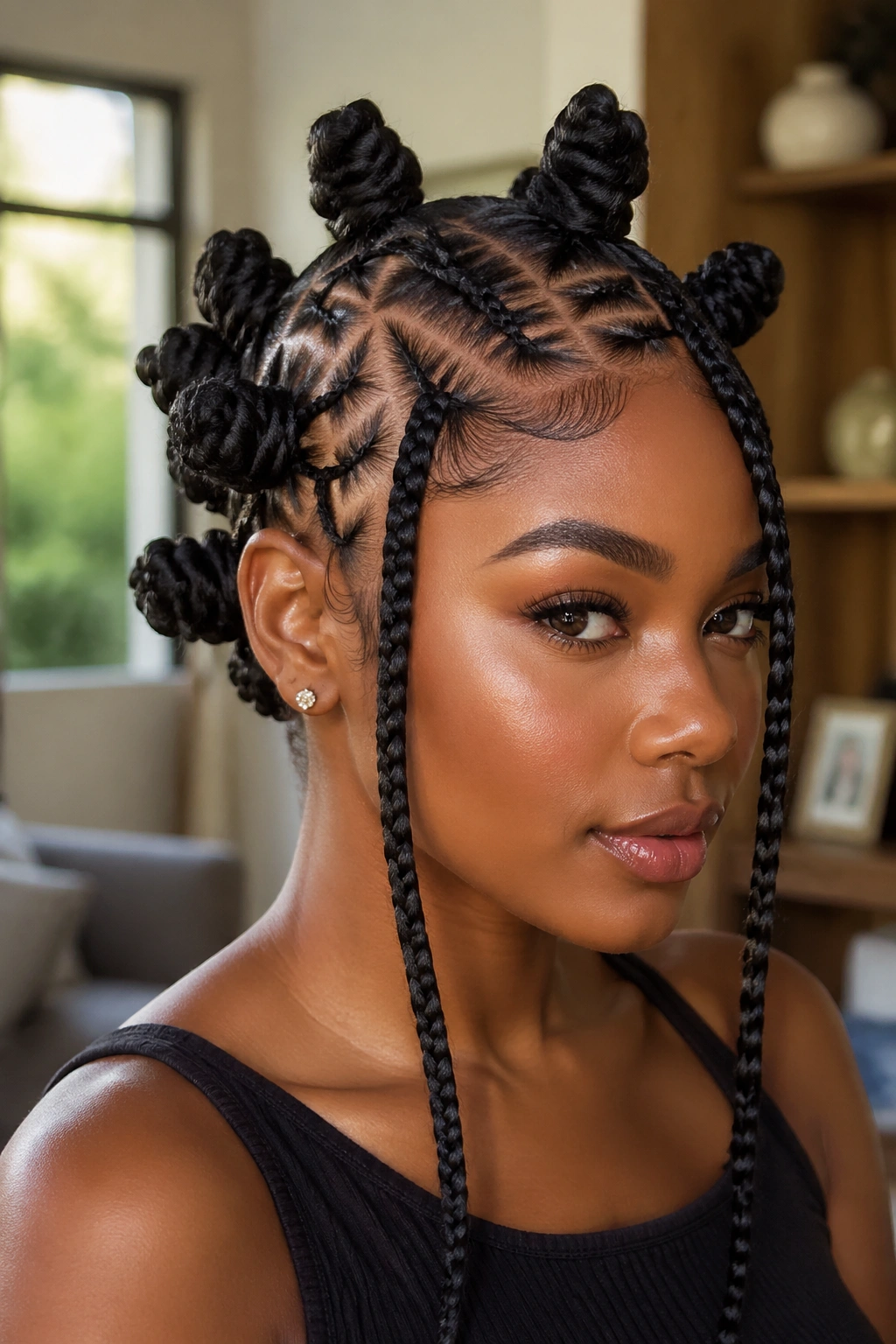 Close-up portrait of a real woman with sculptural Fulani braids featuring bold geometry and big knots framing her face
